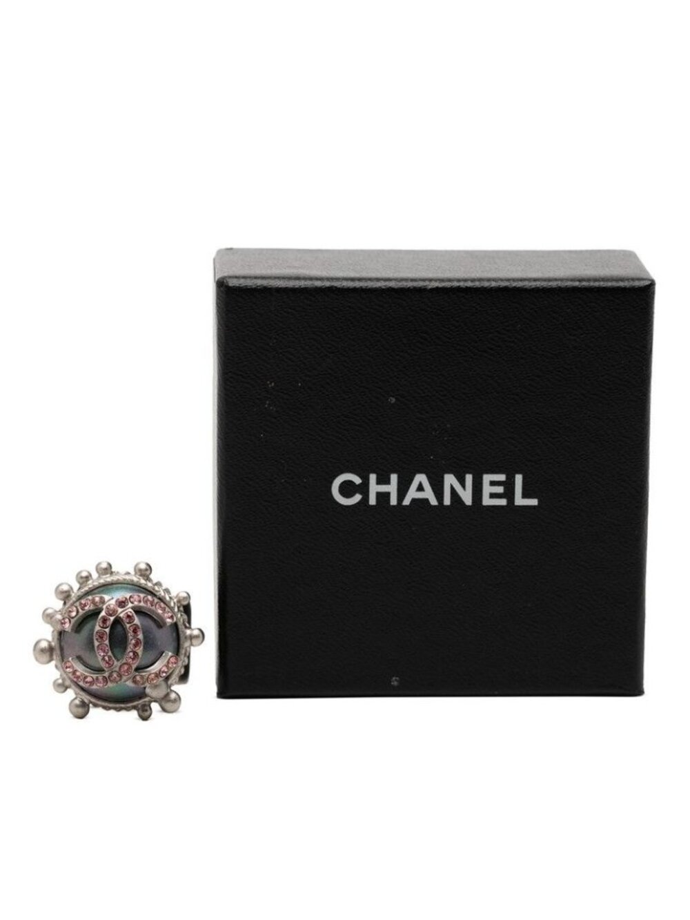 ★SOLD★ Chanel CC Logo Ring 02c Silver Pink Metal Line Stone - Picture 6 of 7